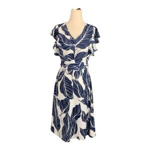 Elegant Navy Blue White Leaf Print Midi Summer Dress Flutter Sleeve Size 4